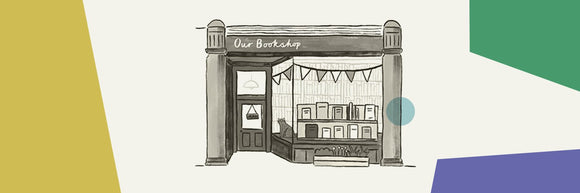 Illustration of the outside of a small independent bookshop with books, bunting and a cat in the window. Image provided by uk.bookshop.org