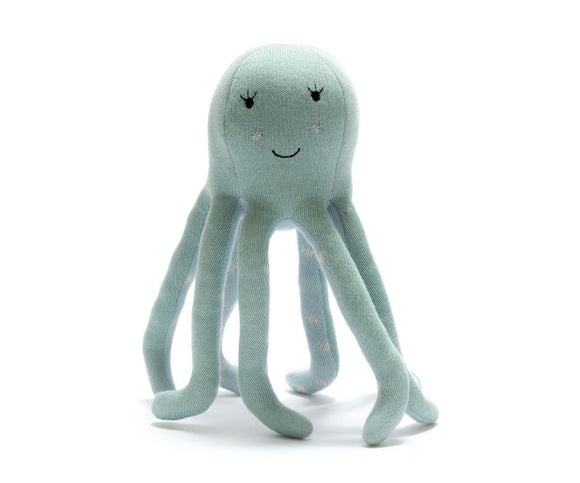 KNITTED ORGANIC COTTON OLLIE OCTOPUS SOFT TOY SEA GREEN